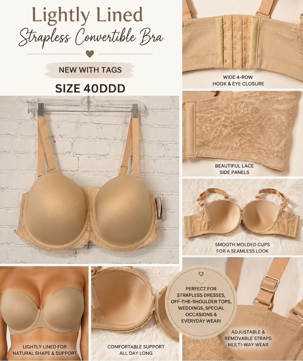 Brand New Auden Lightly Lined Strapless Bra 40DDD Nude Beige Convertible Lace NW